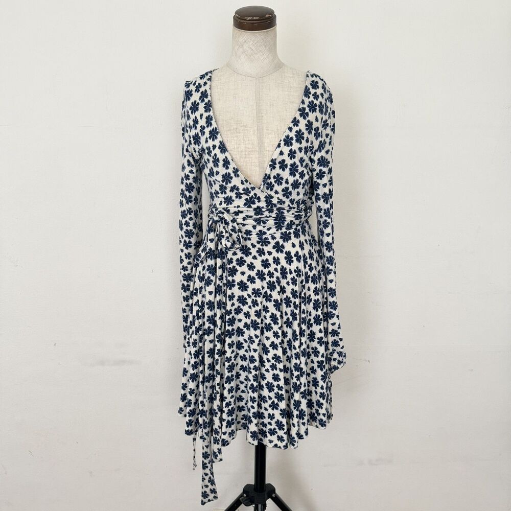 Free People Pradera Mini Dress Sz S Ivory/Blue Floral Print Boho Festival Dress